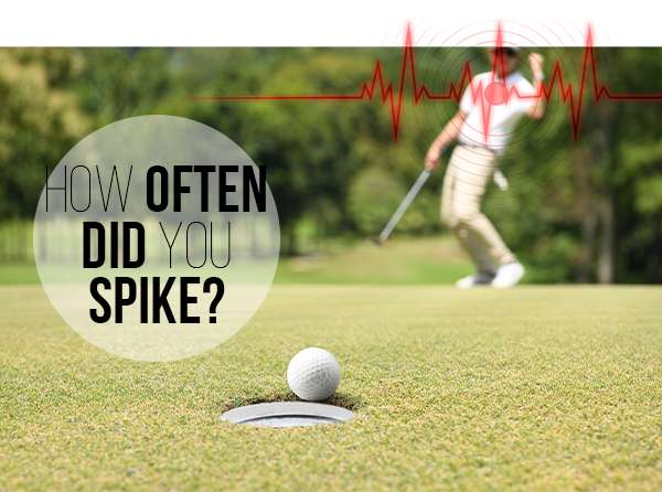 Close-up of a golf ball near the hole with a blurred golfer in the background and red heart rate lines above. Text reads 'How often did you spike?"